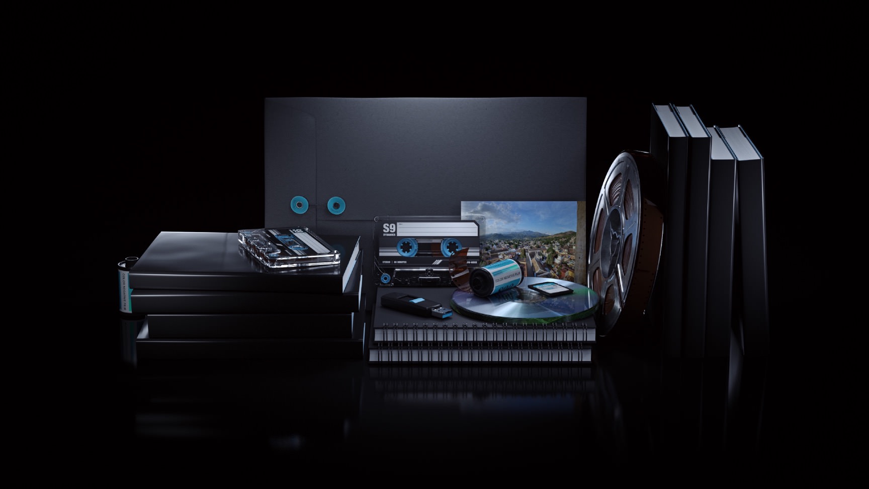 Stacks of books, film, images, journals, disks and folders